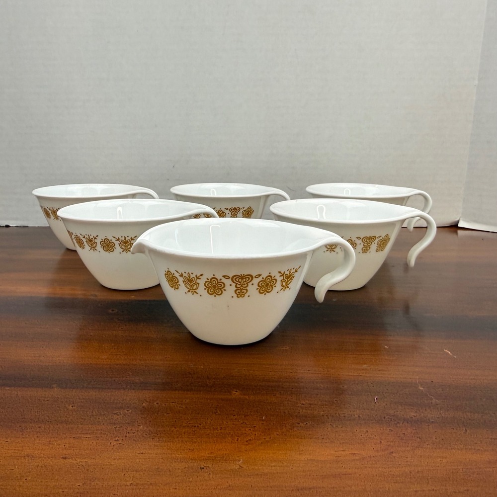 Vintage Corelle Butterfly Gold Teacups Set of 6 Hook Handle plus Creamer USA